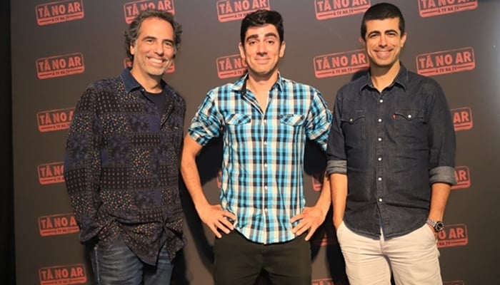 Mauricio Farias, Marcelo Adnet e Marcius Melhem no lançamento do Tá no Ar 2018 (Foto: Globo/Paulo Belote)