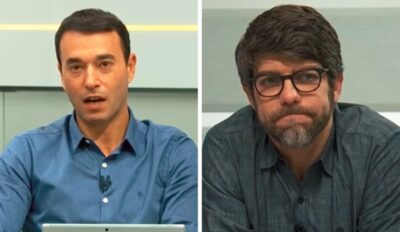 Apresentador André Rizek e o comentarista Juninho Pernambucano no Seleção SporTV. (Foto: Reprodução)