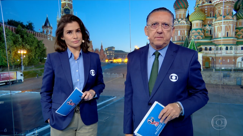 Renata Vasconcellos e Galvão Bueno no estúdio da Globo na Copa da Rússia (Foto: Reprodução/Globo)