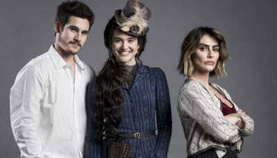 Nicolas Prattes (Samuca), Juliana Paiva (Marocas) e Cleo (Betina) em O Tempo Não Para
(Foto: Globo/João Miguel Júnior)