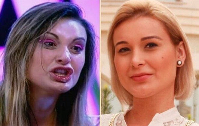 Andressa Urach em A Fazenda (à esq.) e após a conversão (Foto: Reprodução/Montagem)