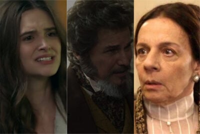 Marocas (Juliana Paiva), Sabino (Edson Celulari) e Agustina (Rosi Campos) em O Tempo Não Para (Foto: Reprodução / Montagem: TV FOCO)