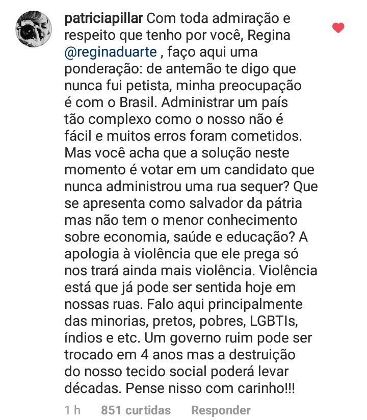 Resposta de Patrícia Pillar à postagem de Regina Duarte. (Foto: Reprodução)