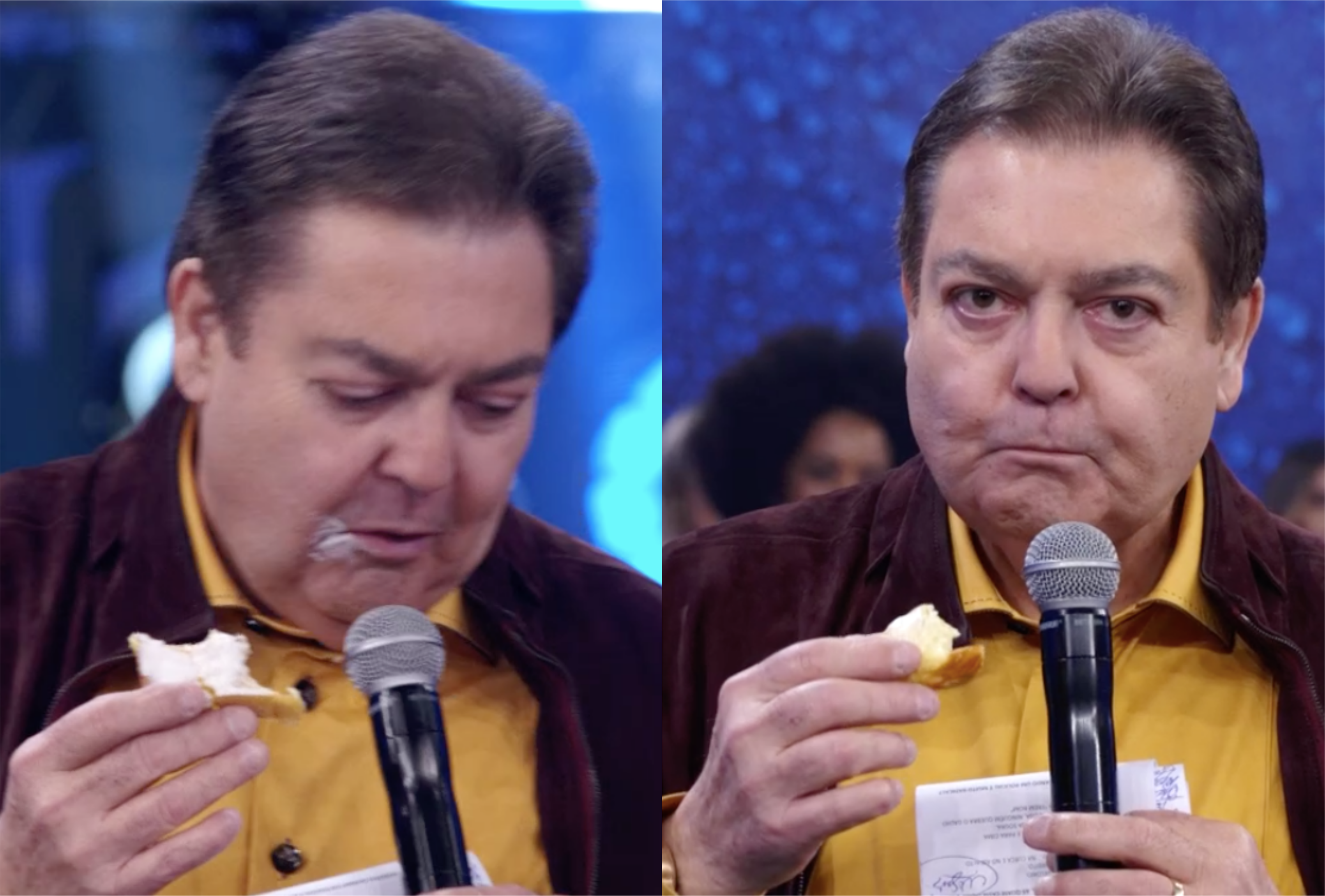 Faustão comeu pão com requeijão ao vivo e provou que está ganhando milhões na Globo (Foto: Reprodução)