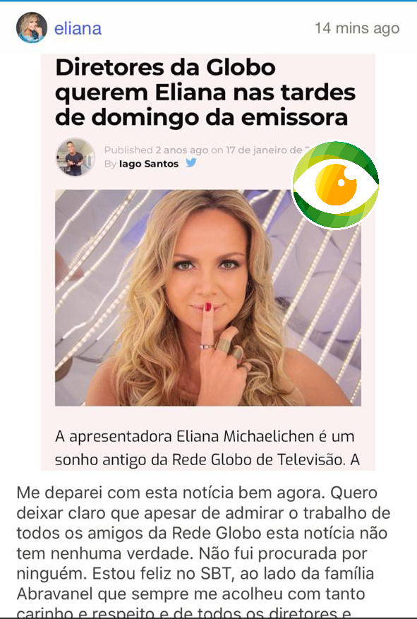 Eliana se pronuncia sobre fake news que vai para a Globo