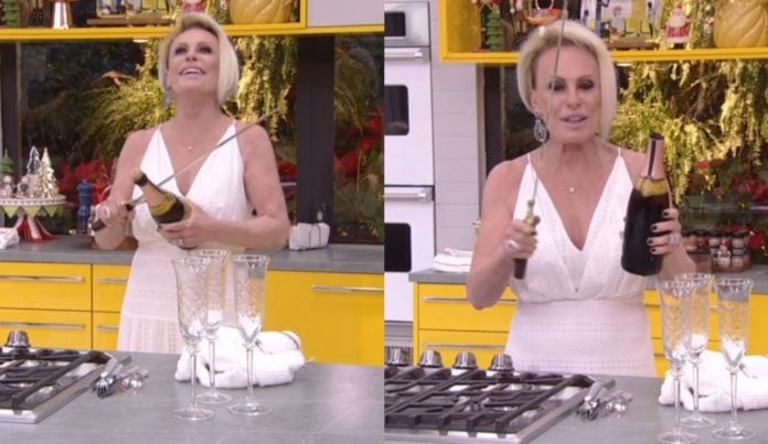 Ana Maria Braga abre garrafa de vinho com espada (Foto: Reprodução/ TV Globo)