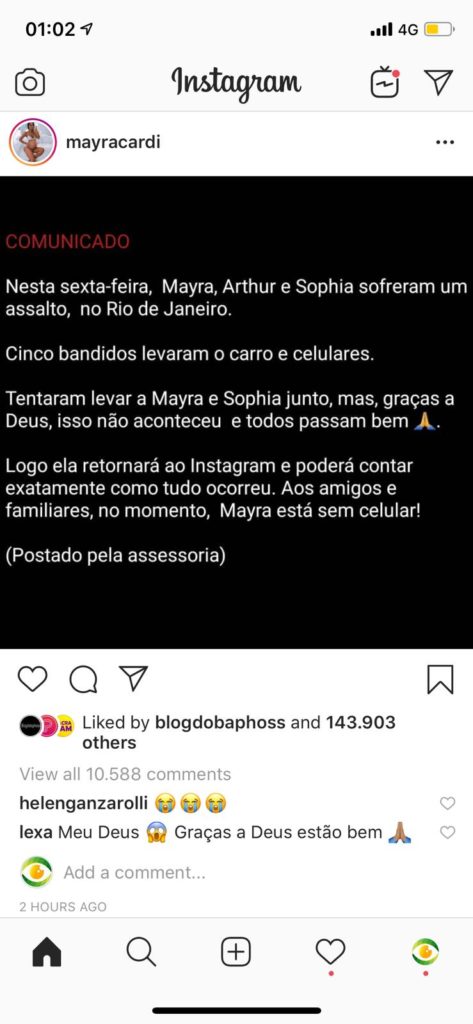 Mensagem após tentativa de sequestro foi publicada no perfil de Mayra Cardi pela assessoria e apagado na sequência