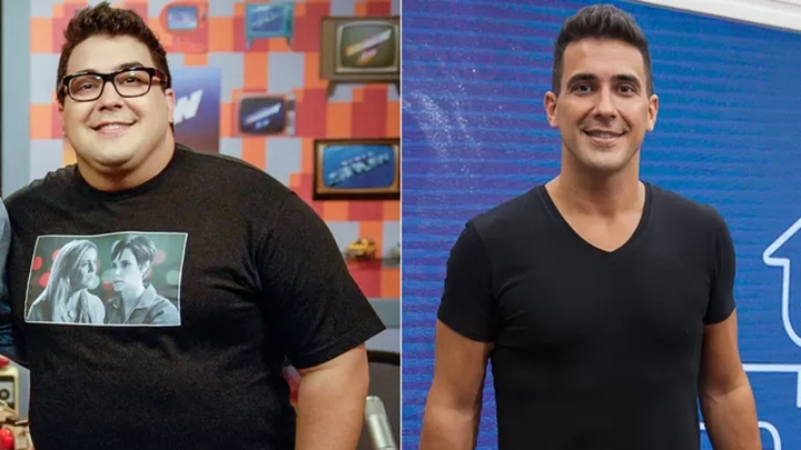 André Marques antes e depois da cirurgia bariátrica. (Foto: Rafael Sorín/ TV Globo - Artur Meninea/Gshow)