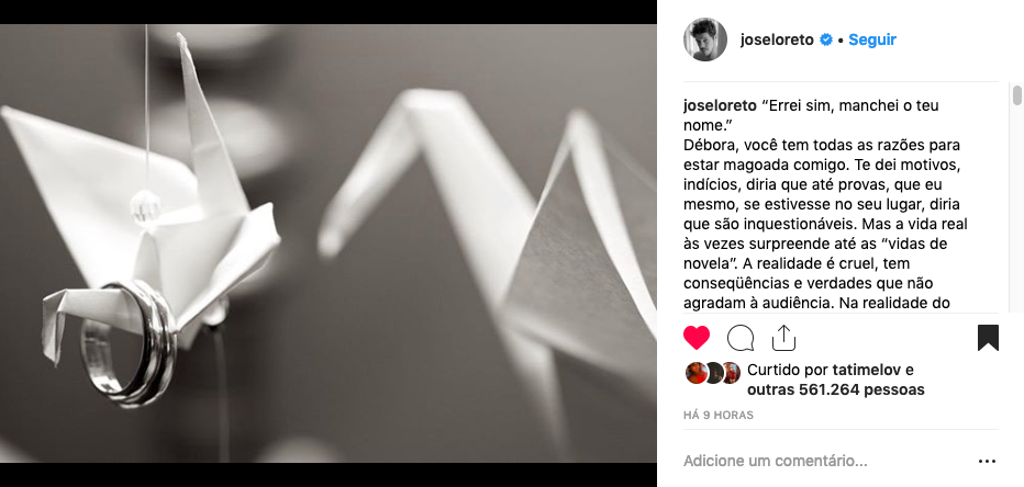 Post de José Loreto para Debora Nascimento no instagram 