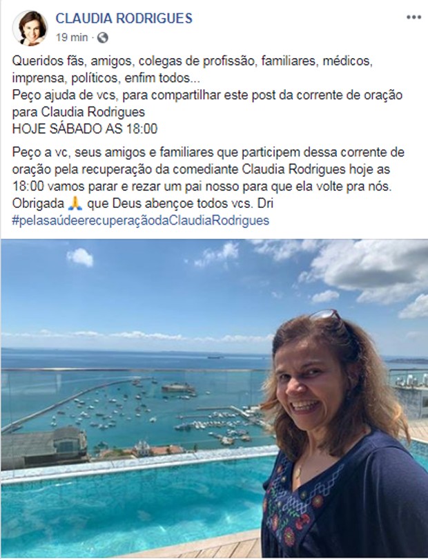 A empresária de Claudia Rodrigues correu para as redes sociais para pedir orações (Foto: Reprodução/Facebook)