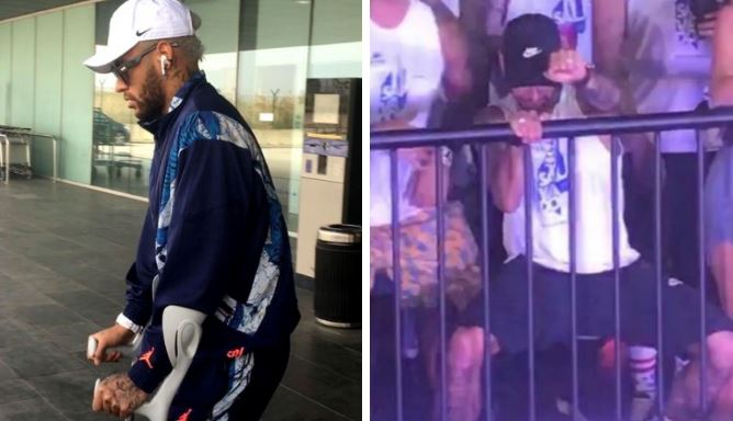 Neymar usando muletas e dias depois caiu na folia (Foto: Reprodução)