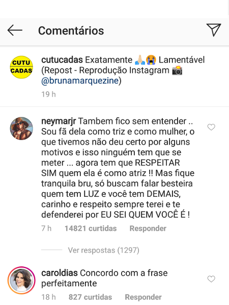 Neymar se rebela em post e defende Bruna Marquezine