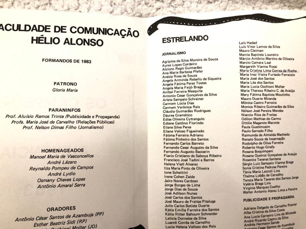 Glória Maria na época foi escolhido como patrono da turma 