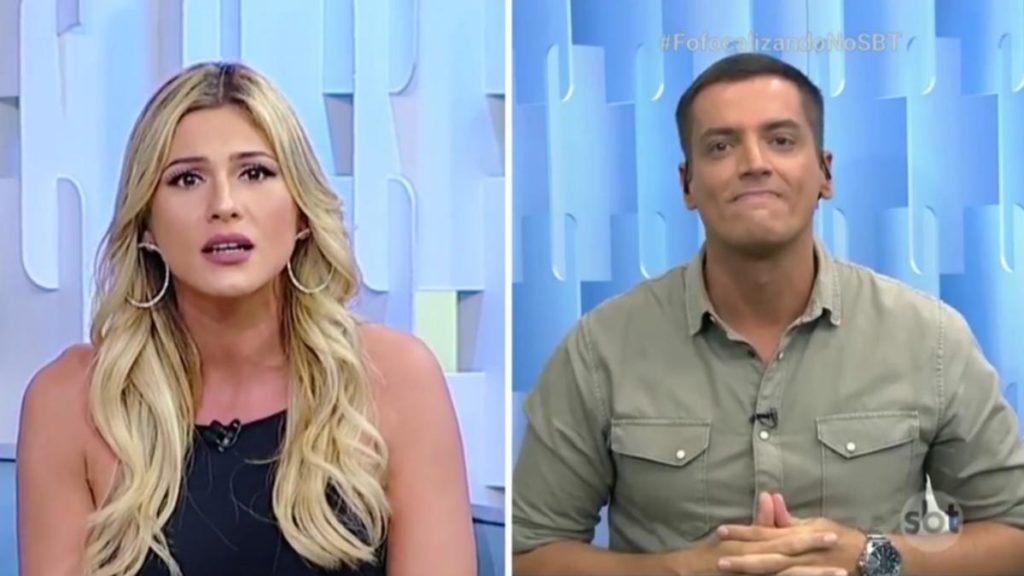 Livia Andrade e Leo Dias brigaram durante exibição ao vivo do Fofocalizando (Foto: Reprodução)