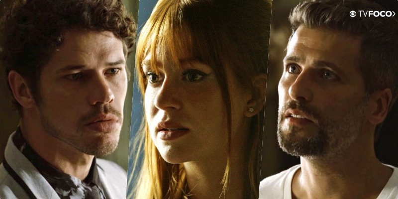 Luz (Marina Ruy Barbosa) decidirá a vida ou a morte com Junior (José Loreto) e Gabriel (Bruno Gagliasso) em O Sétimo Guardião (Foto: Reprodução/Globo/Montagem/TV Foco)