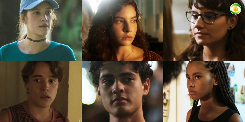 Jaqueline (Gabz), Rita (Alanis Guillen), Raíssa (Dora de Assis), Thiago (Danilo Maia), Guga (Pedro Alves) e Anjinha (Caroline Dallarosa) de Malhação Toda Forma de Amar