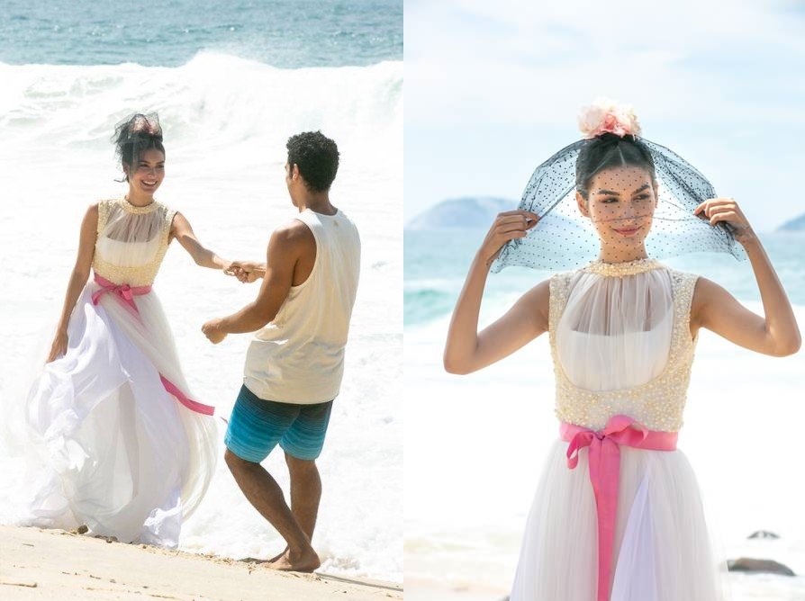 Vestida de noiva, Larissa vai para a praia com Diego comemorar juntos a nova fase de suas vidas, em Verão 90 (Foto: Isabella Pinheiro/ Globo/ Divulgação)