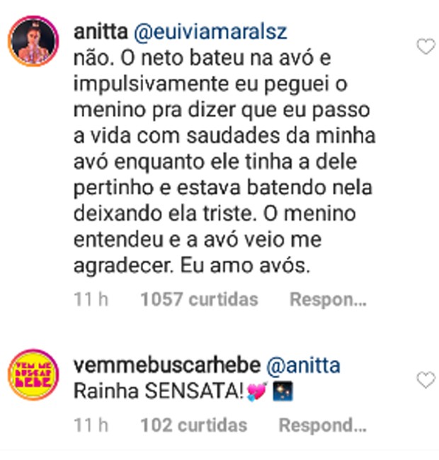 Publicação Anitta sobre neto que bateu na avó (Reprodução/Instagram)