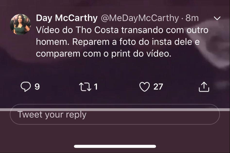 Thomaz Costa é atacado por Day Mccarthy nas redes sociais