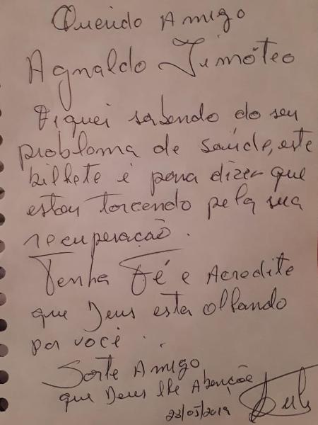 Bilhete escrito por Lula para o amigo, o cantor Agnaldo Timóteo (Foto: Reprodução)