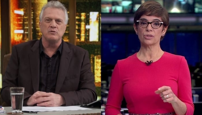 Pedro Bial em seu talk show e Renata Lo Prete no Jornal da Globo, que perderam para o SBT na audiência (Foto: Reprodução/Globo)