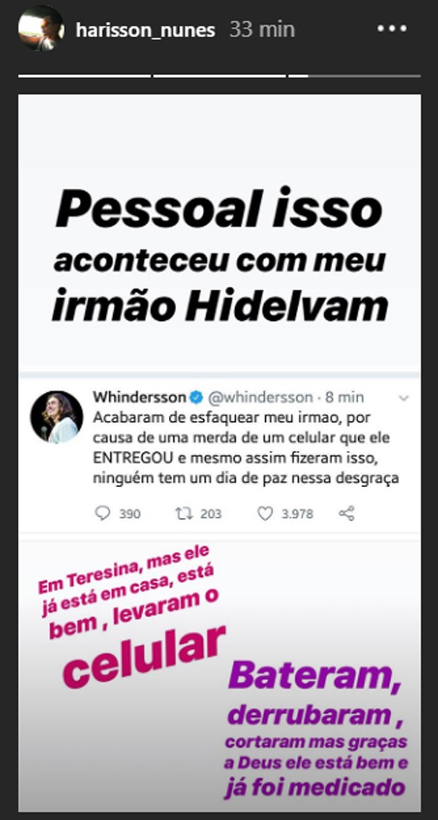 Whindersson Nunes se desespera após ter o irmão esfaqueado em roubo e desabafa: 'bateram, derrubaram, cortaram'