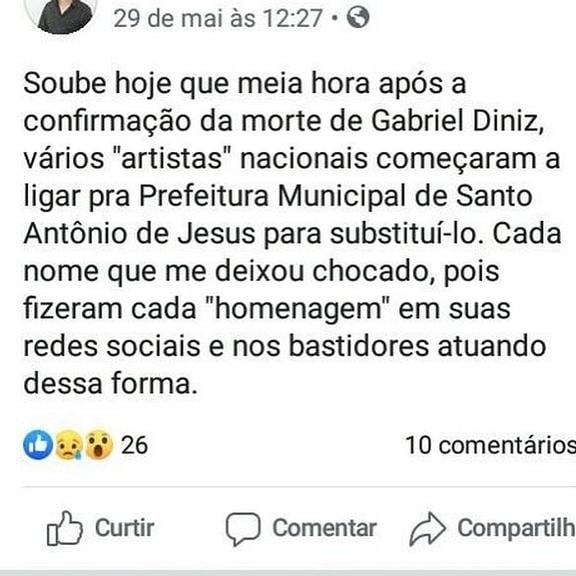 Revelação feita por fã de Gabriel Diniz (Reprodução/Facebook)