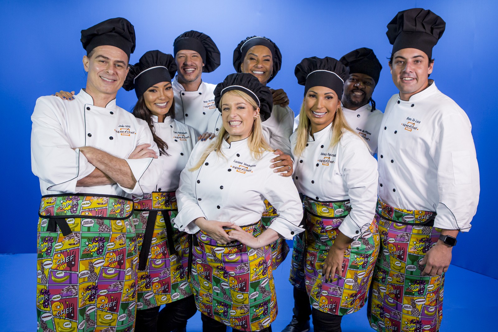 Bruno De Luca, Carol Nakamura, João Vitti, Luciana Vendramini, Nando Rodrigues, Solange Couto, Valesca Popozuda e Xande de Pilares no Super Chef no Mais Você de Ana Maria Braga Foto: Reprodução