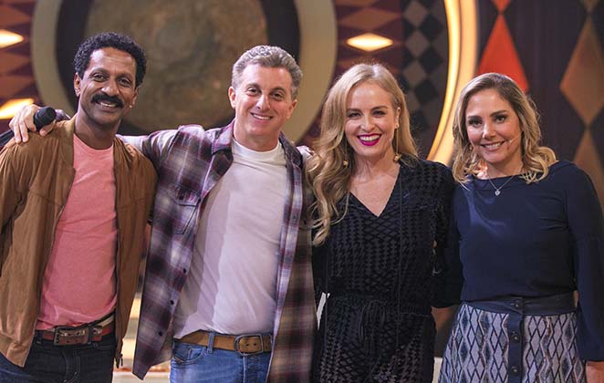 No quadro ‘Gonga la gonga’ da semana, Angélica, Heloísa Pérrisé e Luís Miranda compõem o júri. Reprodução: Globo 