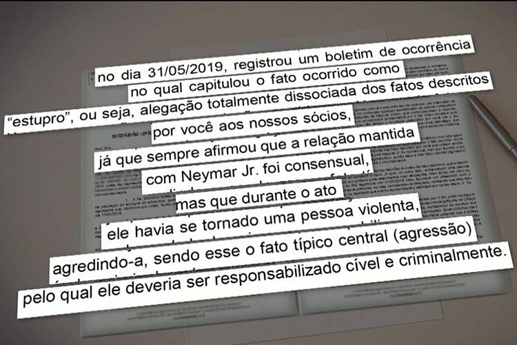 Jornal Nacional exibiu trechos da carta do ex-advogado de Najila Trindade, que acusa Neymar de estupro (Reprodução: TV Globo)