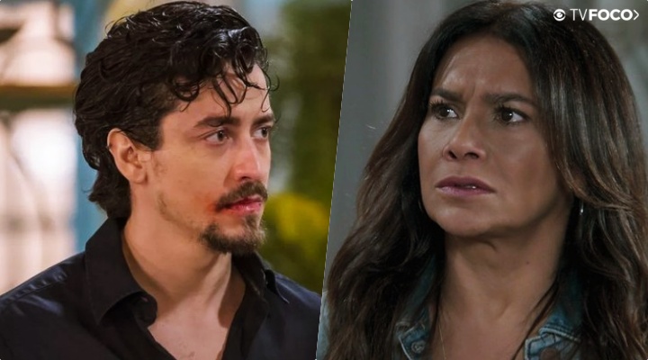 Jerônimo (Jesuíta Barbosa) e Janaína (Dira Paes) são mãe e filho na trama de Verão 90 da Globo