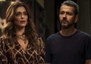 Maria da Paz (Juliana Paes) e Amadeu (Marcos Palmeira) na novela A Dona do Pedaço da TV Globo (Montagem: TV Foco)