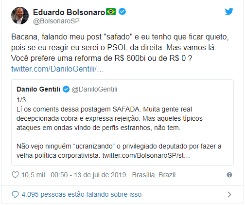 Eduardo Bolsonaro responde a críticas de Danilo Gentili