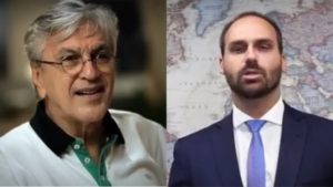 O cantor Caetano Veloso e o Deputado Federal, Eduardo Bolsonaro (Montagem: TV Foco)