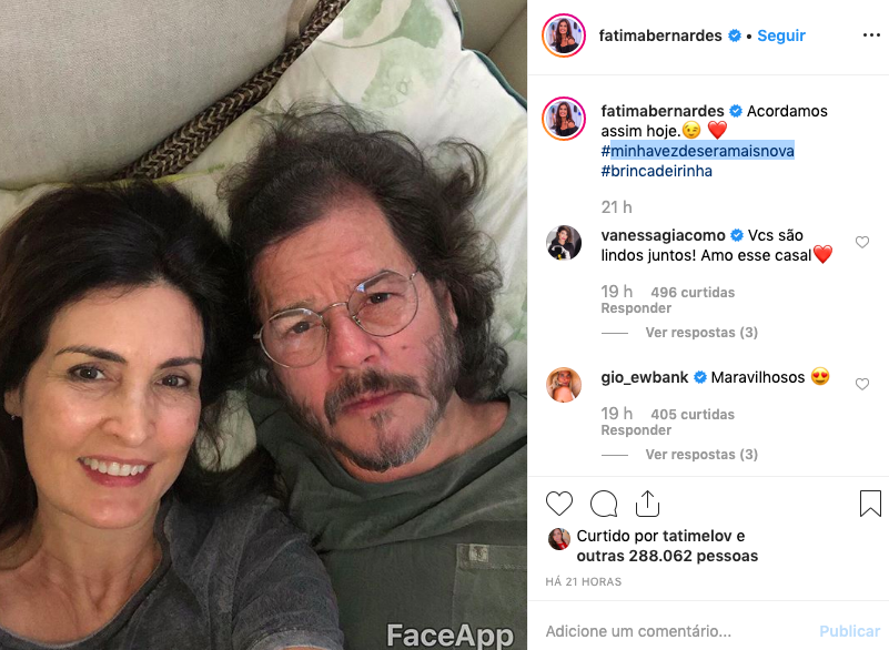 Ao invés de fazer uma montagem dela mesma, Fátima Bernardes brincou com o namorado Túlio Gadelha Foto: Reprodução