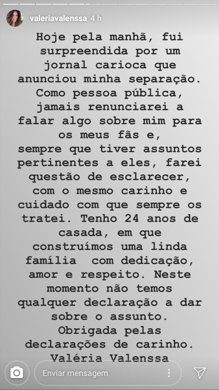 A ex dançarina da Globo, Valéria Valenssa postou storie no Instagram dizendo que os boatos de sua separação são falsos. - Foto: reprodução/instagram