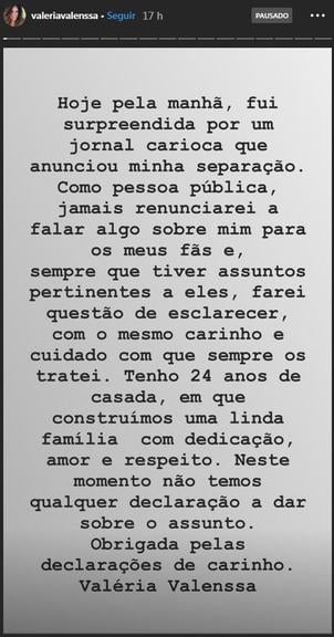 Stories de Valéria Valenssa negando fim do casamento - Reprodução/Instagram