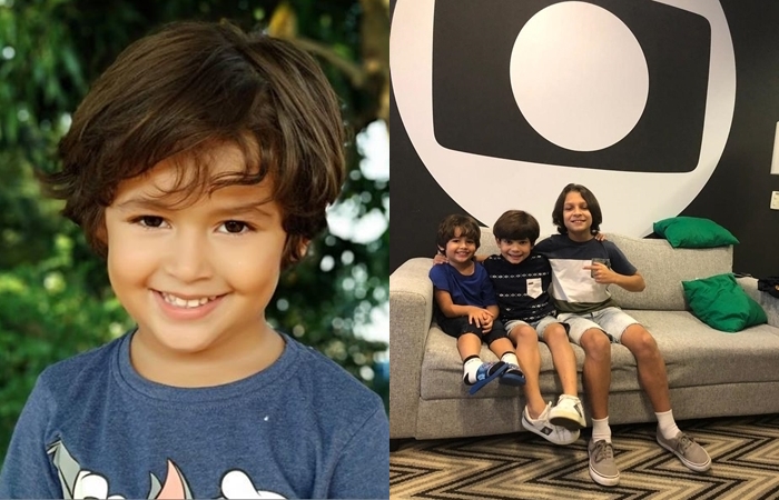 O ator mirim Eros Lázari; na segunda foto, Eros em um dos dias de preparação para Amor de Mãe, com Pietro, e João (Foto: Arquivo pessoal/Montagem TV Foco)