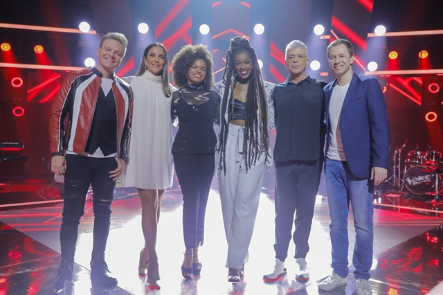 Tiago Leifert e Jennifer Nascimento com Ivete Sangalo, Michel Teló, Lulu Santos e Iza, técnicos do The Voice Brasil (Foto: Globo/ Victor Pollak)