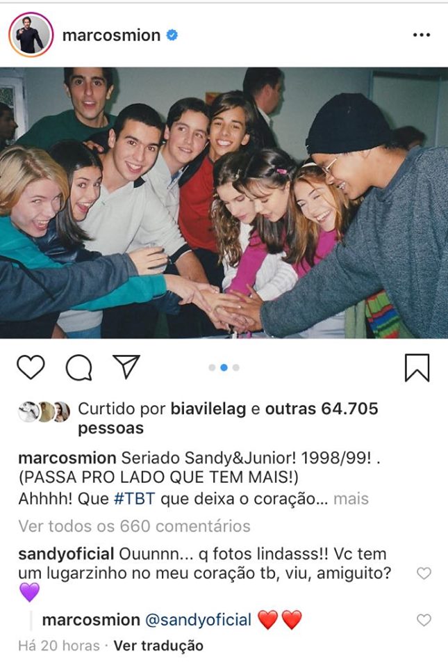 O apresentador Marcos Mion faz publicação com fotos raras da época que era do elenco de Sandy e Junior (Foto: Instagram)