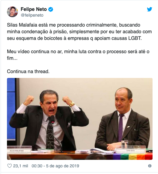 Felipe Neto expõe briga judicial contra Silas Malafaia