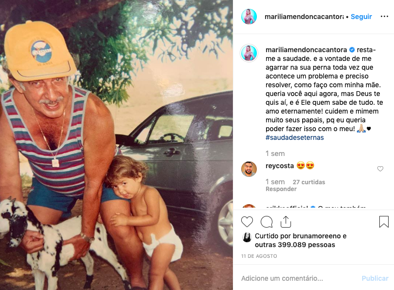 Marilia Mendonça aproveitou o dia dos pais para compartilhar com seus seguidores a saudade que sente de seu pai. Foto: Reprodução