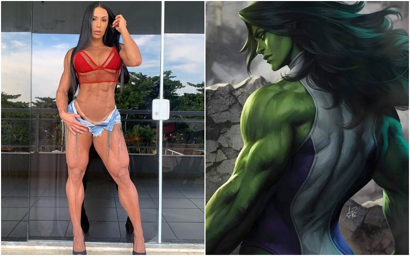 De um lado a modelo fitness Gracyanne Barbosa, e esposa de Belo, do outro a heroína da Marvel (Foto: Montagem TV Foco)