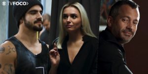 Rock (Caio Castro) ficará bolado com Kim (Monica Iozzi) e Agno (Malvino Salvador) em A Dona do Pedaço da Globo (Foto: Montagem/TV Foco)