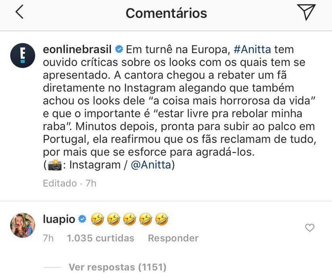 Luana Piovani debochou da cantora Anitta em notícia que criticava looks da cantora e gerou polêmica. Simaria passa a seguir a loira após rumores de desentendimento com funkeira