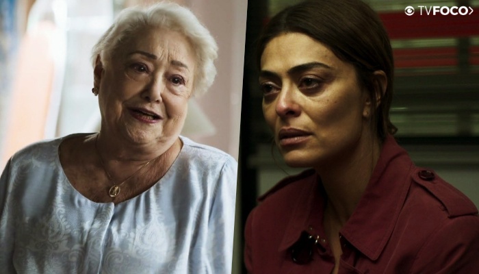 Marlene (Suely Franco) vai tirar foto de Josiane na feira para mostrar à Maria da Paz (Juliana Paes) em A Dona do Pedaço (Foto: Reprodução/Globo/Montagem/TV Foco)