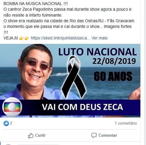 Uma fake news no Facebook fez circular informação sobre morte do cantor Zeca Pagodinho marrone (Reprodução)