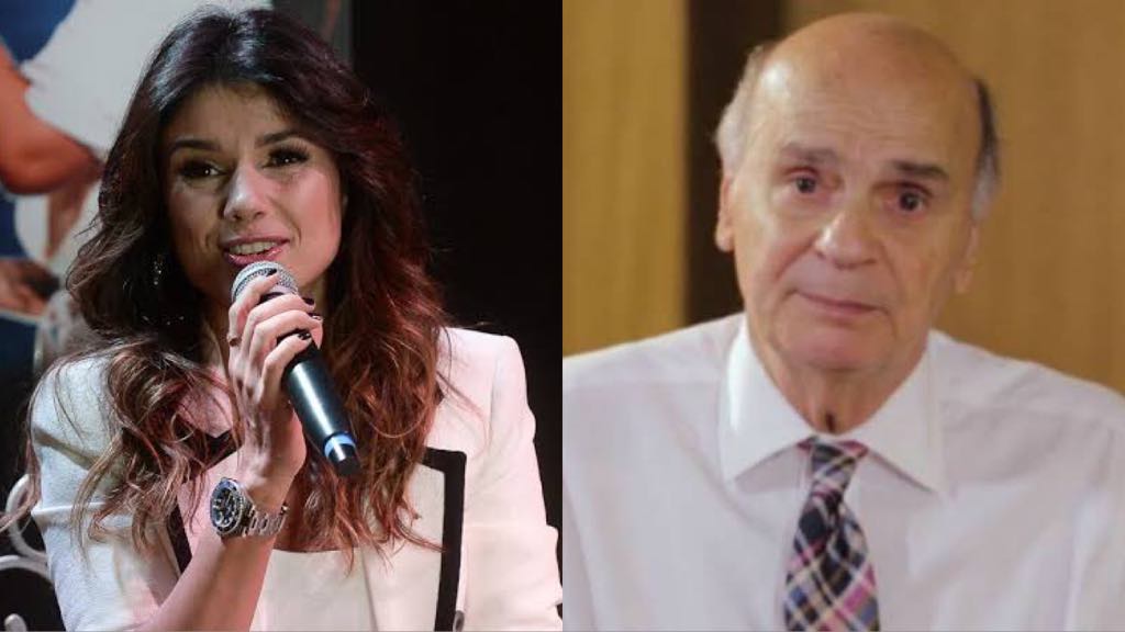 A cantora Paula Fernandes com o o Dr. Drauzio Varella no Fantástico da Globo (Montagem: TV Foco)