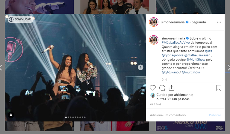 Simone e Simaria durante a apresentação do programa Música Boa do Multishow (Imagem: Instagram)