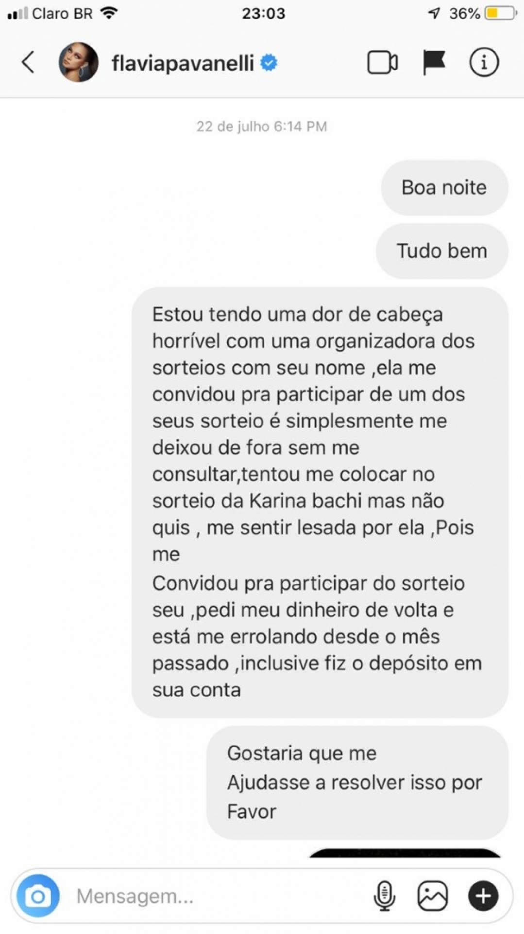 Empresária tentou contato com Flávia Pavanelli, mas não foi respondida (Reprodução)